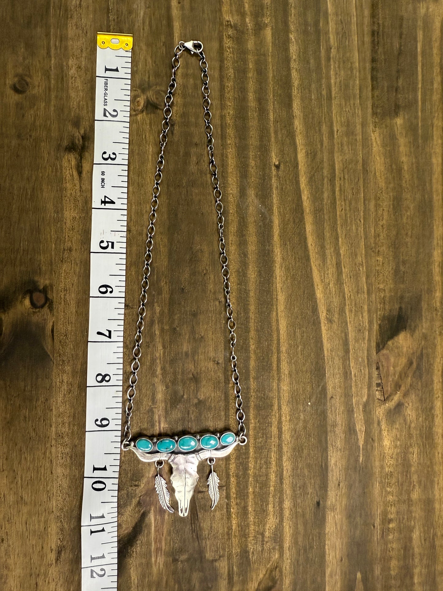 Sleeping Beauty Turquoise Steer Skull Necklace – Navajo Made by Russell Sam