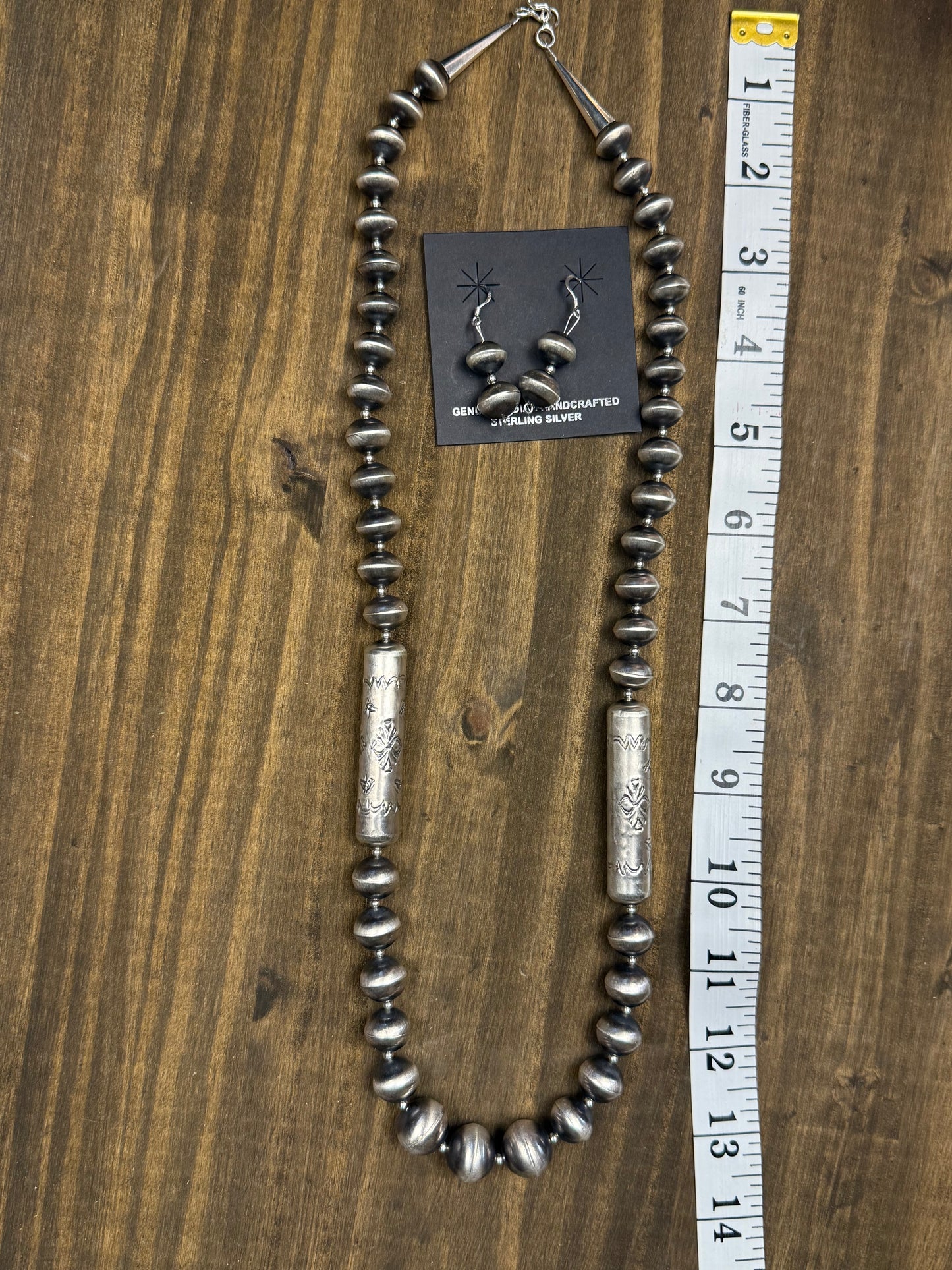 Handmade Sterling Silver Navajo Pearls & Stamped Barrel Bead Necklace Set – By Sharon Cooley