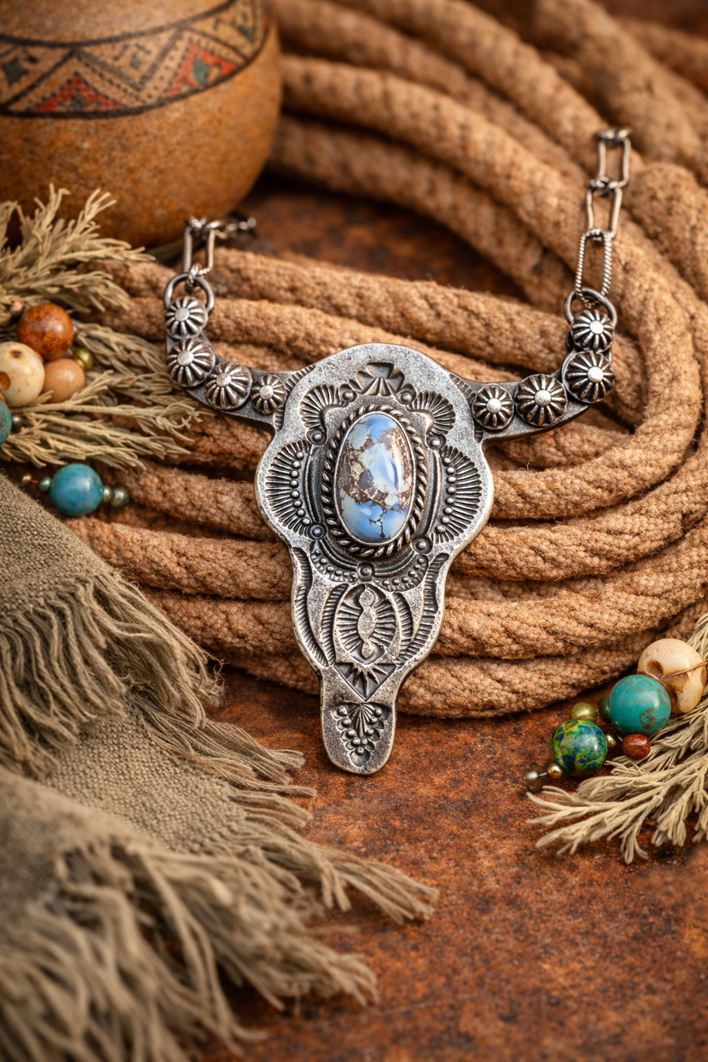 Golden Hills Turquoise Bull Head Necklace – Navajo Made by Kevin Billah