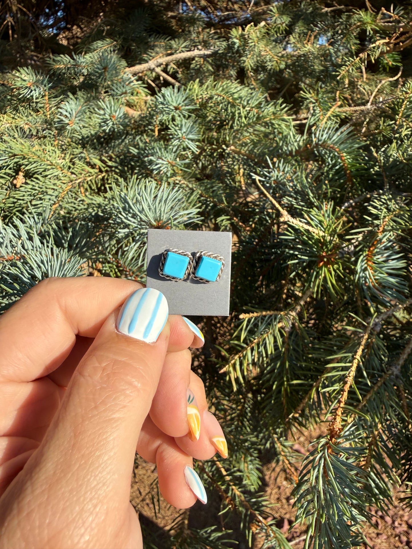 Native American Made Sterling Silver Square Turquoise Stud Earrings