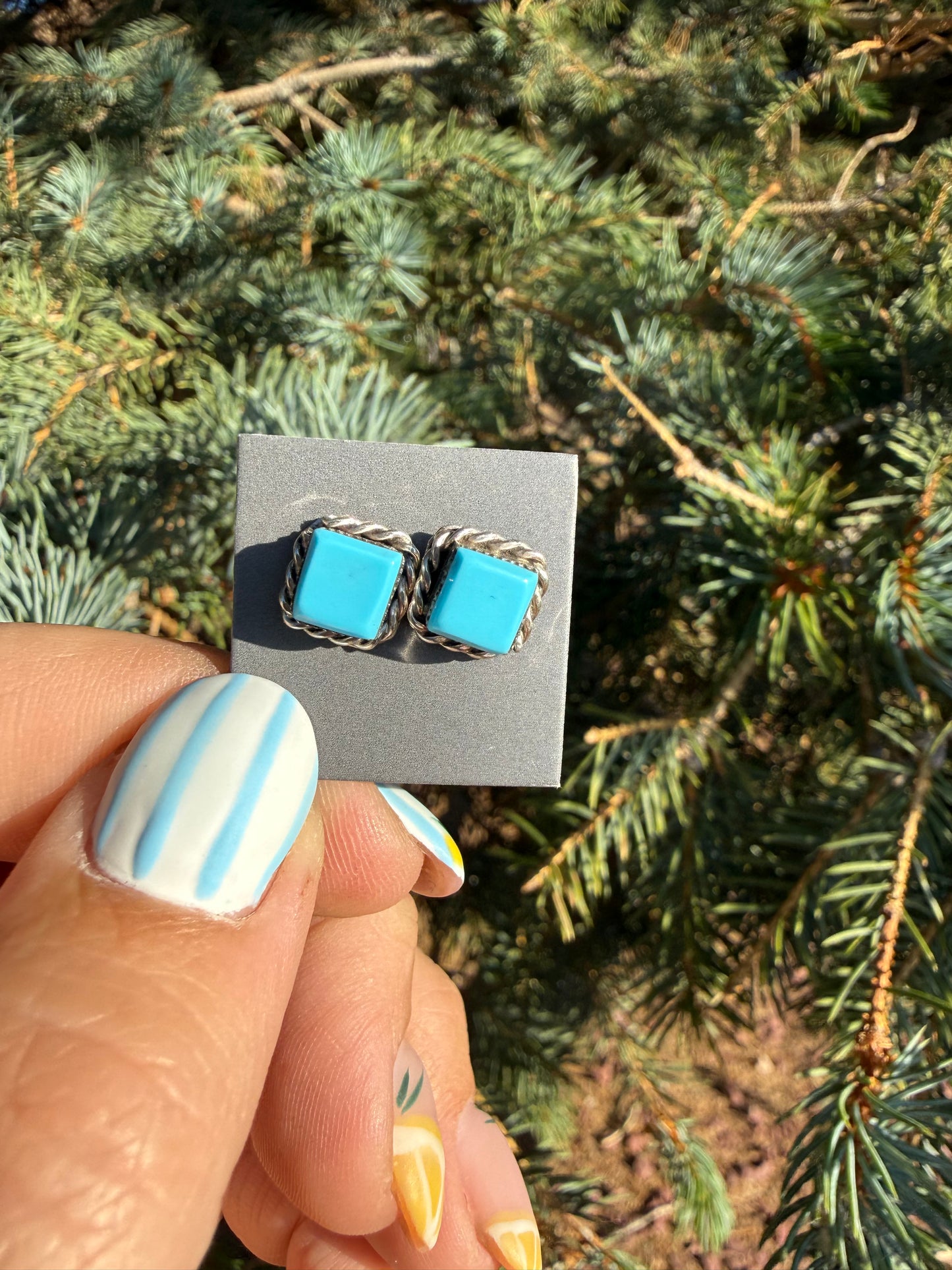 Native American Made Sterling Silver Square Turquoise Stud Earrings