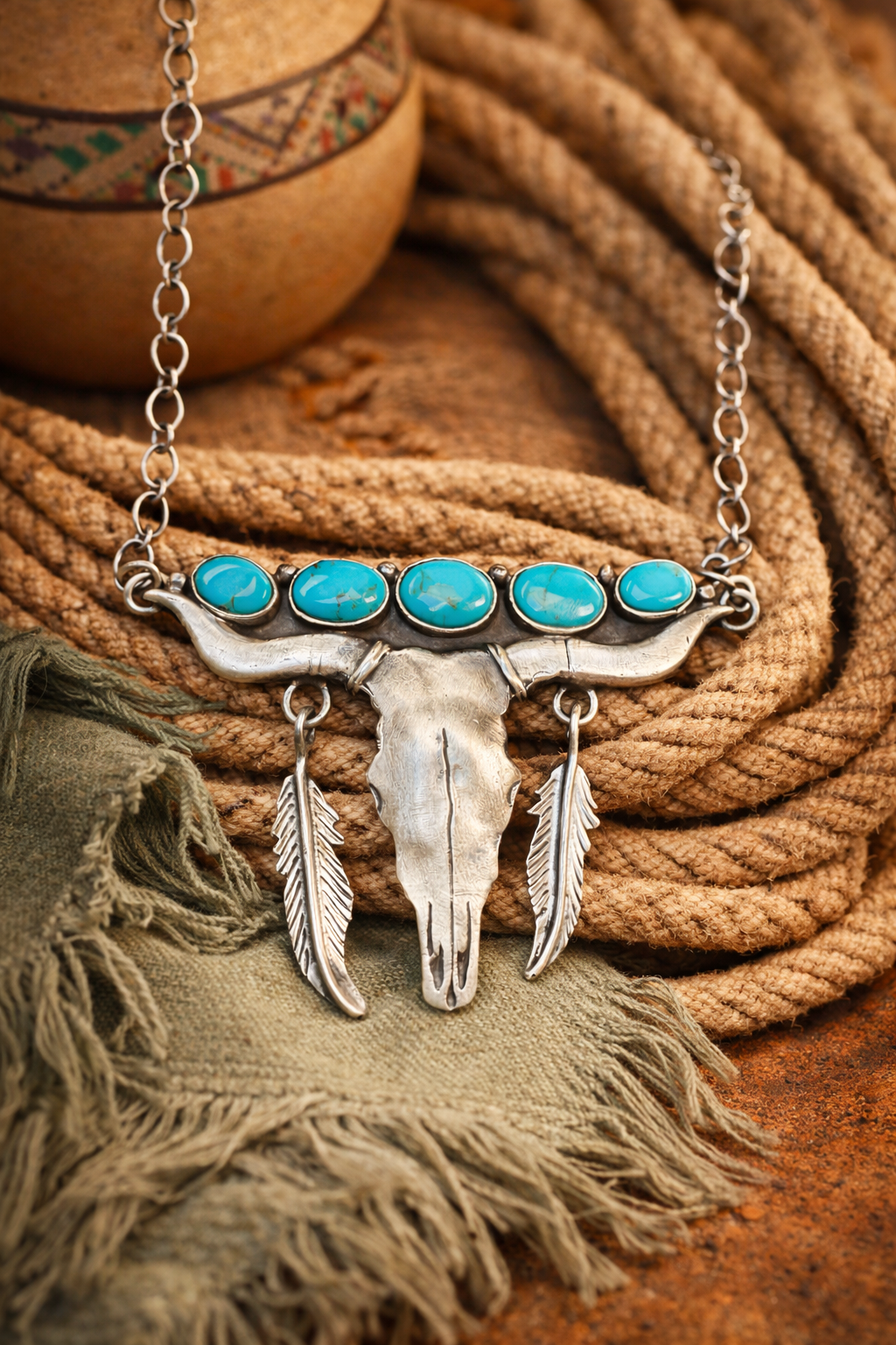 Sleeping Beauty Turquoise Steer Skull Necklace – Navajo Made by Russell Sam