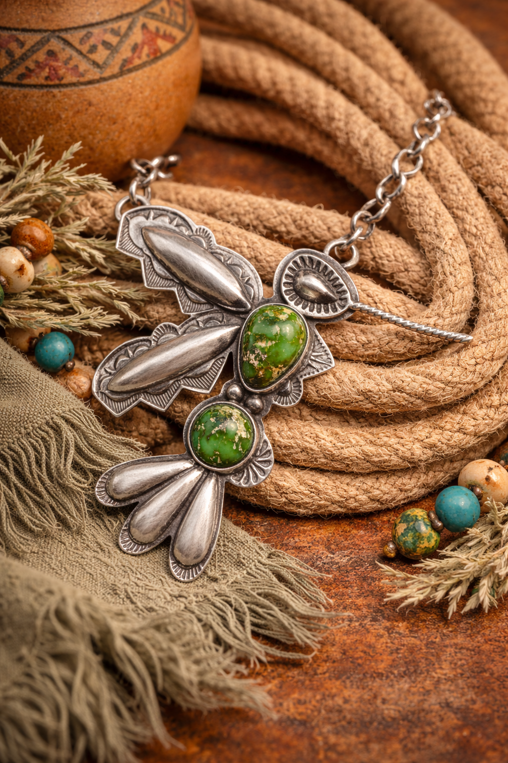Sonoran Gold Turquoise Hummingbird Necklace – Navajo Made by Charles Johnson