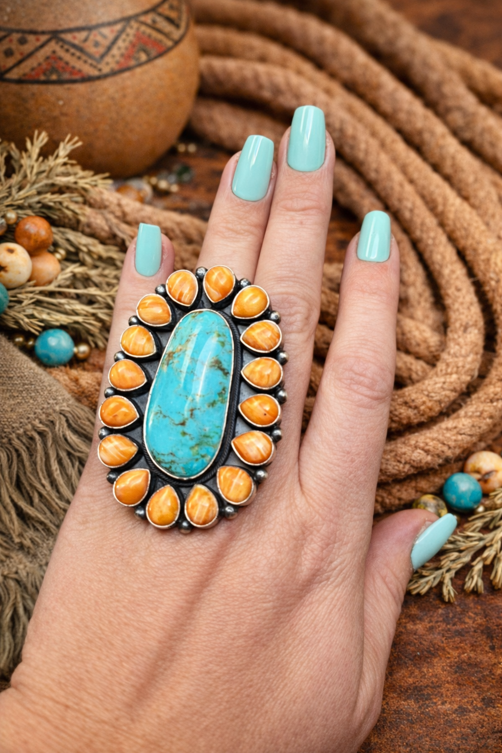Royston Turquoise & Spiny Oyster Statement Ring – Navajo Made by Antionette Martinez