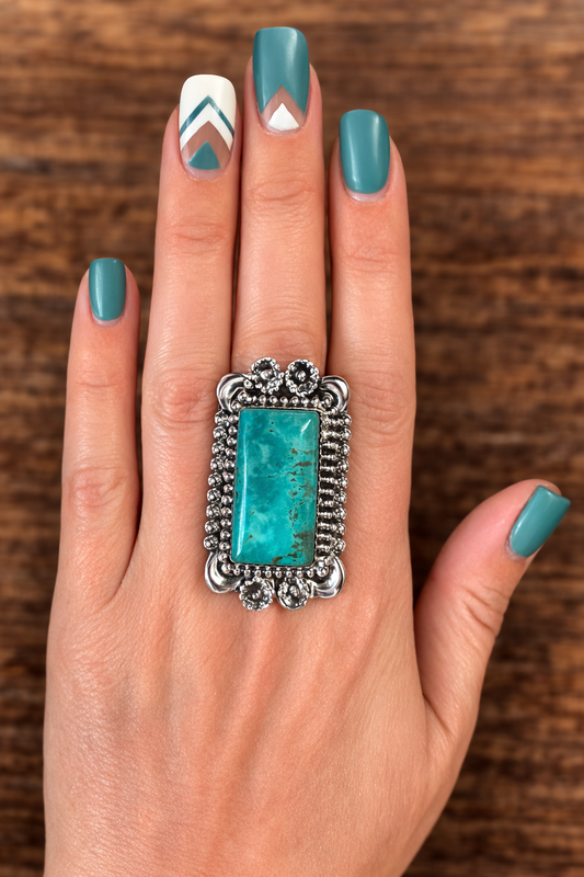 White Water Turquoise Ring Adj—Shenay Begay Navajo Made