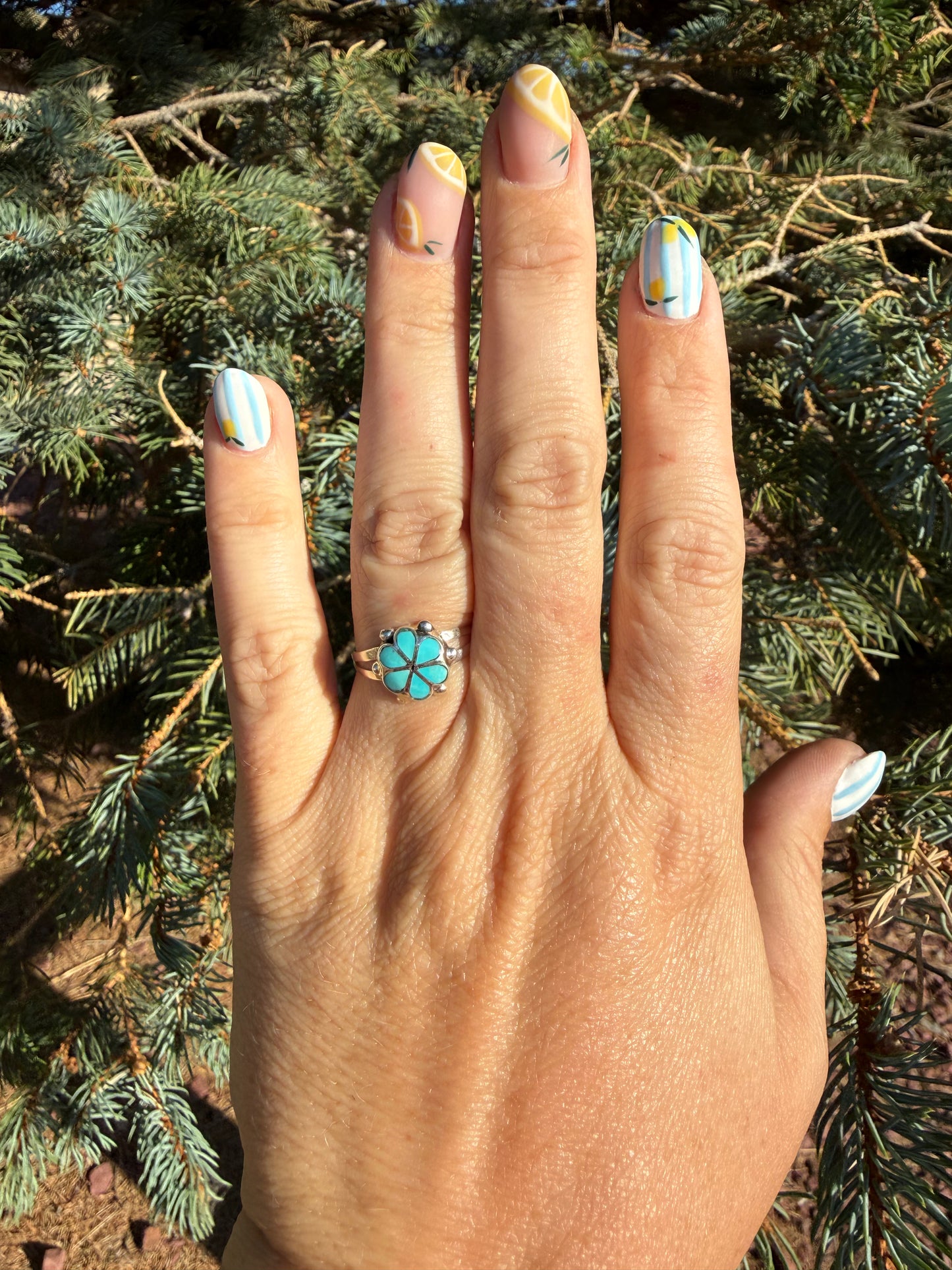 Zuni Inlay Turquoise Flower Ring