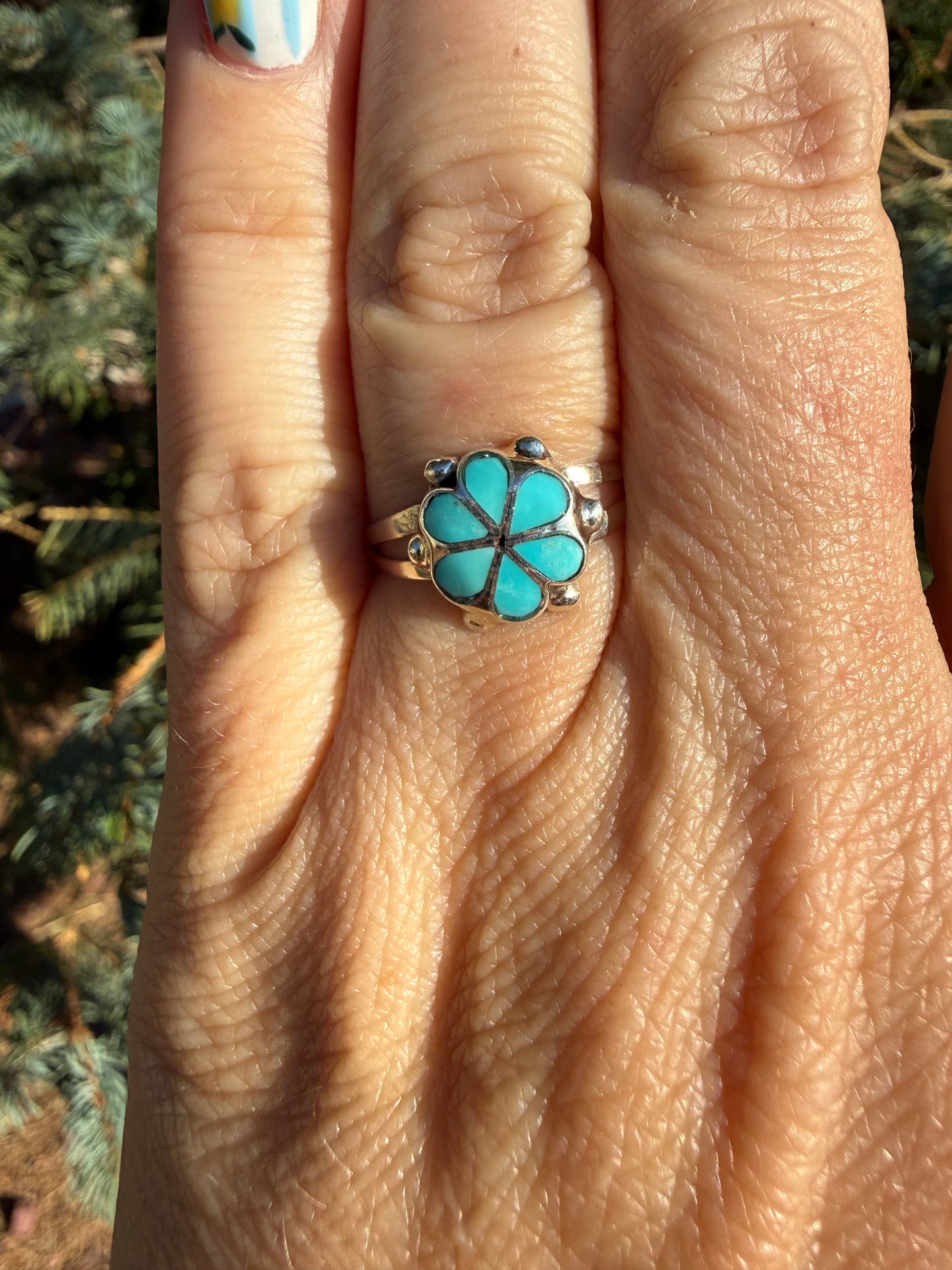 Zuni Inlay Turquoise Flower Ring