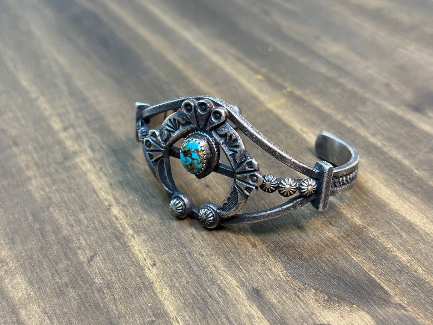 Sandcast Sterling Silver Cuff – Navajo Made by Kevin Billah with Kingman Turquoise