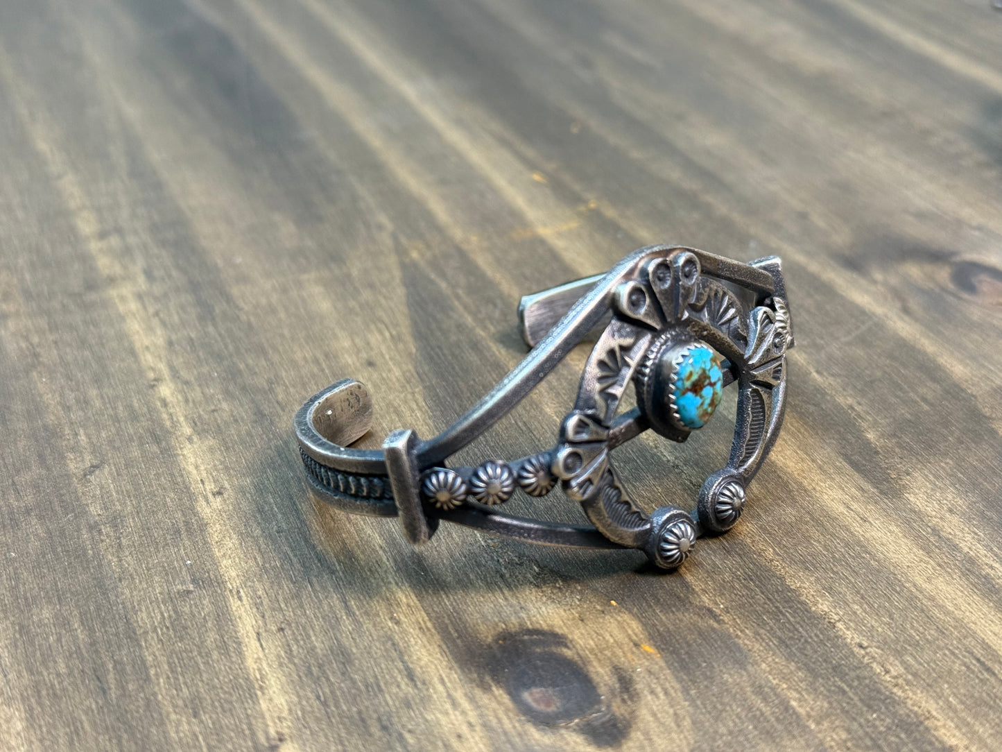 Sandcast Sterling Silver Cuff – Navajo Made by Kevin Billah with Kingman Turquoise