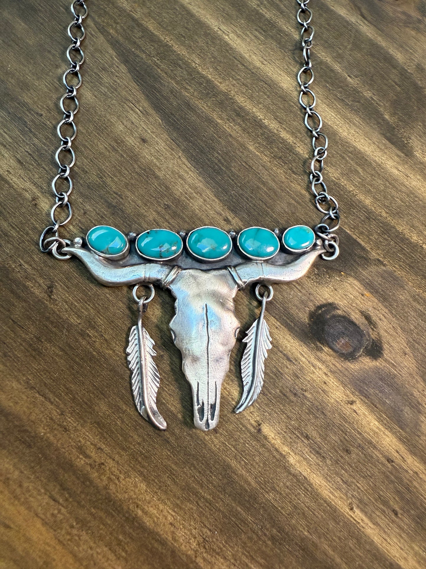Sleeping Beauty Turquoise Steer Skull Necklace – Navajo Made by Russell Sam