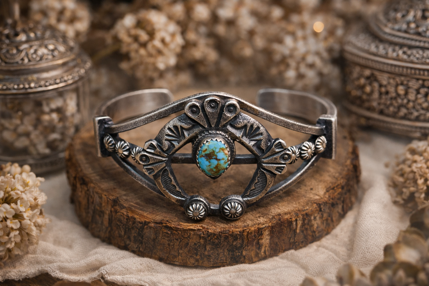 Sandcast Sterling Silver Cuff – Navajo Made by Kevin Billah with Kingman Turquoise