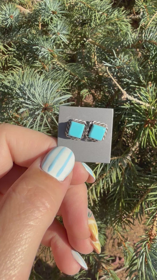 Native American Made Sterling Silver Square Turquoise Stud Earrings
